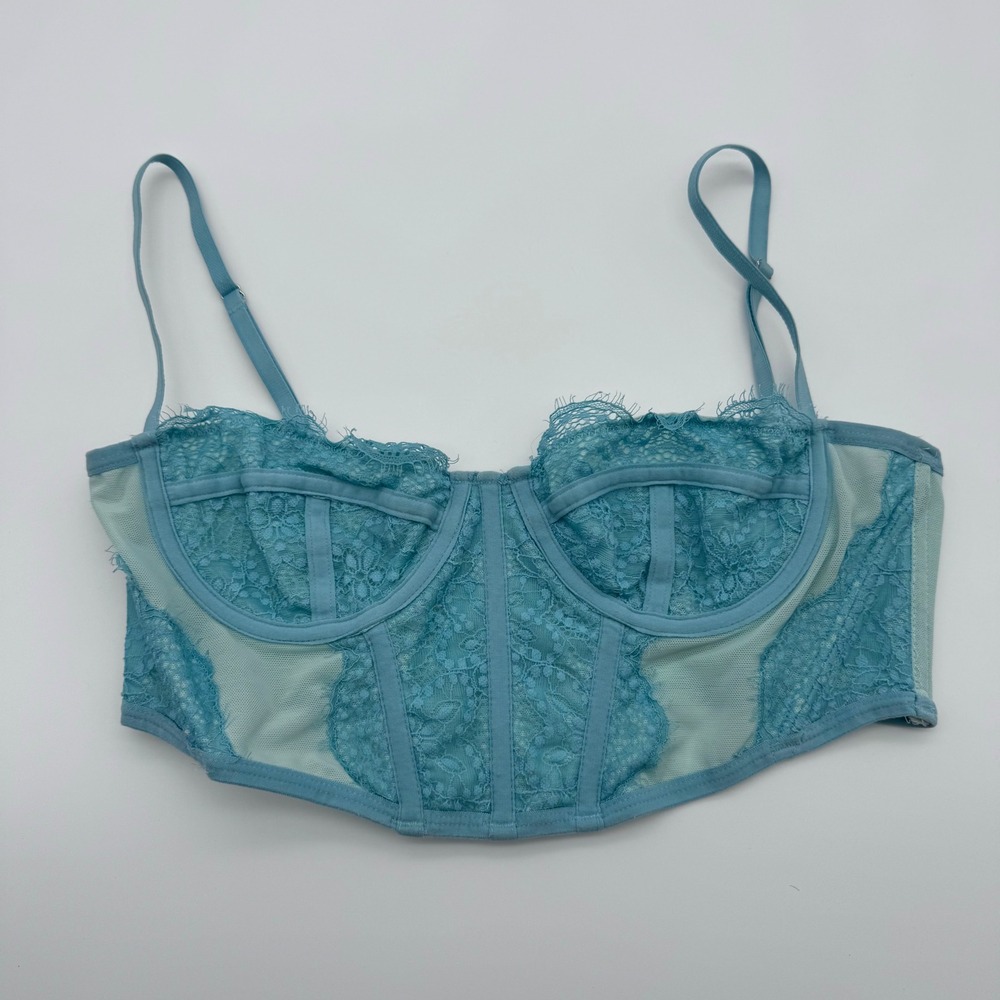 Out From Under Blue Lace Mesh Modern Love Corset Top Underwire Bustier Medium‎